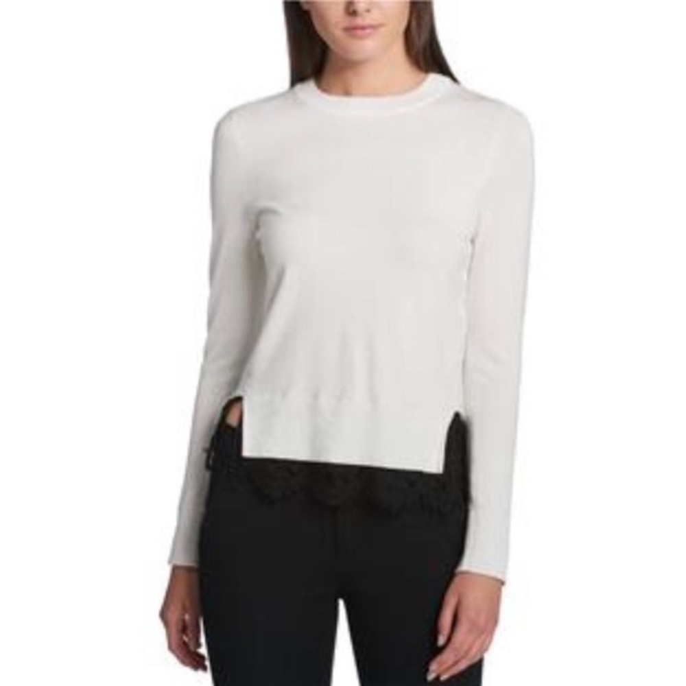 DKNY NWT Women Sweater Lace Ribbed Trim L